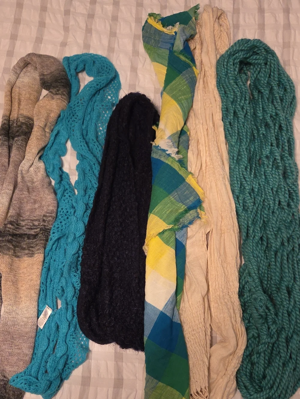 Mixed Scarf Bundle - Teal, Turquoise, Black, Cream, Green Plaid